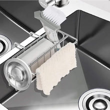 Load image into Gallery viewer, 4-in-1 Kitchen Sink Sponge Holder with Brush Holder, Dish Cloth Hanger, and Sink Plug Bracket - 304 Stainless Steel (Silver)