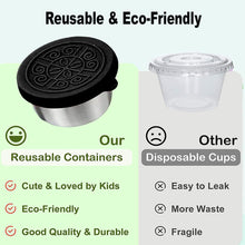 Load image into Gallery viewer, Pack of 6 Salad Dressing Container To Go: Small Condiment Containers with Lids, Reusable Stainless Steel Sauce Cups, Leakproof Silicone Lids for Bento Box, Picnic and Travel (Black - 2.36oz)