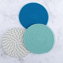Load image into Gallery viewer, 100% Cotton Thread Weave Potholders and Trivets - Stylish Coasters, Hot Pads, Hot Mats, Spoon Rest (Set of 3) - Blue