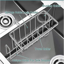 Load image into Gallery viewer, 4-in-1 Kitchen Sink Sponge Holder with Brush Holder, Dish Cloth Hanger, and Sink Plug Bracket - 304 Stainless Steel (Silver)