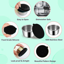 Load image into Gallery viewer, Pack of 6 Salad Dressing Container To Go: Small Condiment Containers with Lids, Reusable Stainless Steel Sauce Cups, Leakproof Silicone Lids for Bento Box, Picnic and Travel (Black - 2.36oz)