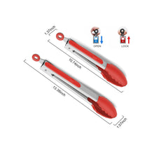 Load image into Gallery viewer, 2-Pack of 9" (Small) & 12" (Large) Kitchen Tongs Set: Non-Stick Silicone-Stainless Steel Cooking Tongs, BPA Free, Heat Resistant (480°F) - Non-Slip Grip & Locking Metal Food Tongs (Red)