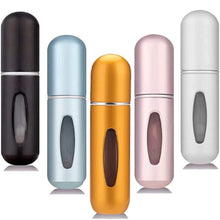 Load image into Gallery viewer, Portable Mini Refillable Perfume/Cologne Atomizer Bottle - great for travel, parties and events - Travel & toiletry accessory great for both men and women - 5ml/0.2oz (Variety Pack of 5 - Pink, Grey, Blue, Black, Gold)
