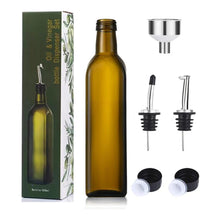 Load image into Gallery viewer, Glass Oil Dispenser - 17 oz/500ml Capacity - Oil and Vinegar Cruet Bottle with Pourers, Funnel, and Seal Caps - Elegant Decanter for Kitchen - Amber