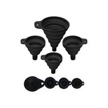 Load image into Gallery viewer, Set of 4 Silicone Collapsible Kitchen Funnel - X-Small to Large Sizes for Easy Liquid Transfer Food Grade Silicone Collapsible Gadgets (Black)