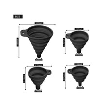 Load image into Gallery viewer, Set of 4 Silicone Collapsible Kitchen Funnel - X-Small to Large Sizes for Easy Liquid Transfer Food Grade Silicone Collapsible Gadgets (Black)