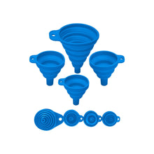 Load image into Gallery viewer, Set of 4 Silicone Collapsible Kitchen Funnel - X-Small to Large Sizes for Easy Liquid Transfer Food Grade Silicone Collapsible Gadgets (Blue)
