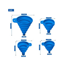 Load image into Gallery viewer, Set of 4 Silicone Collapsible Kitchen Funnel - X-Small to Large Sizes for Easy Liquid Transfer Food Grade Silicone Collapsible Gadgets (Blue)