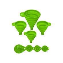 Load image into Gallery viewer, Set of 4 Silicone Collapsible Kitchen Funnel - X-Small to Large Sizes for Easy Liquid Transfer Food Grade Silicone Collapsible Gadgets (Green)