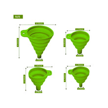 Load image into Gallery viewer, Set of 4 Silicone Collapsible Kitchen Funnel - X-Small to Large Sizes for Easy Liquid Transfer Food Grade Silicone Collapsible Gadgets (Green)