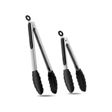 Load image into Gallery viewer, 2-Pack of 9" (Small) & 12" (Large) Kitchen Tongs Set: Non-Stick Silicone-Stainless Steel Cooking Tongs, BPA Free, Heat Resistant (480°F) - Non-Slip Grip & Locking Metal Food Tongs (Black)