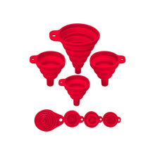 Load image into Gallery viewer, Set of 4 Silicone Collapsible Kitchen Funnel - X-Small to Large Sizes for Easy Liquid Transfer Food Grade Silicone Collapsible Gadgets (Red)