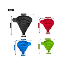 Load image into Gallery viewer, Set of 4 Silicone Collapsible Kitchen Funnel - X-Small to Large Sizes for Easy Liquid Transfer Food Grade Silicone Collapsible Gadgets (Variety Pack)