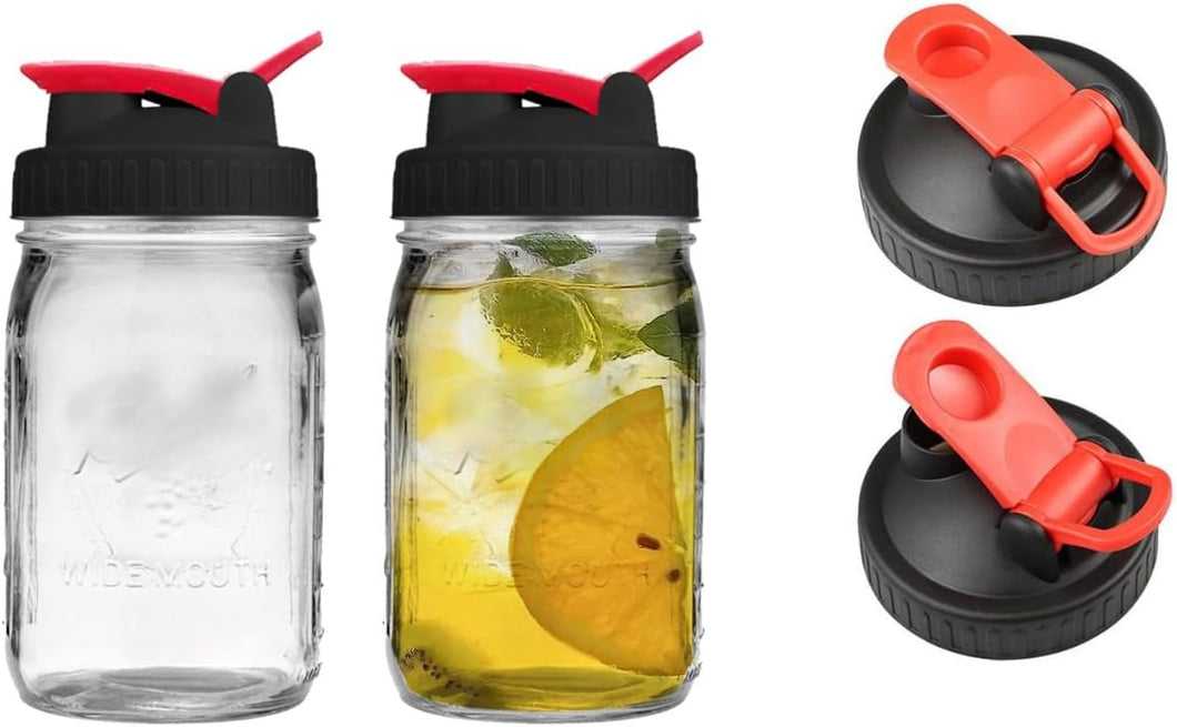 2 Pack Wide Mouth Flip Cap Mason Jar Lids for Mason Jars - Airtight Sealing, Leak-Proof Design, and Convenient Pouring Spout (Jars Sold Separately) (Red Black)
