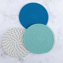 Load image into Gallery viewer, 100% Cotton Thread Weave Potholders and Trivets - Stylish Coasters, Hot Pads, Hot Mats, Spoon Rest (Set of 3) - Blue
