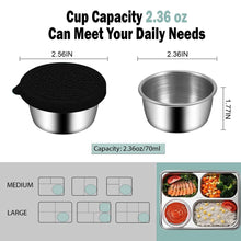 Load image into Gallery viewer, Pack of 6 Salad Dressing Container To Go: Small Condiment Containers with Lids, Reusable Stainless Steel Sauce Cups, Leakproof Silicone Lids for Bento Box, Picnic and Travel (Black - 2.36oz)
