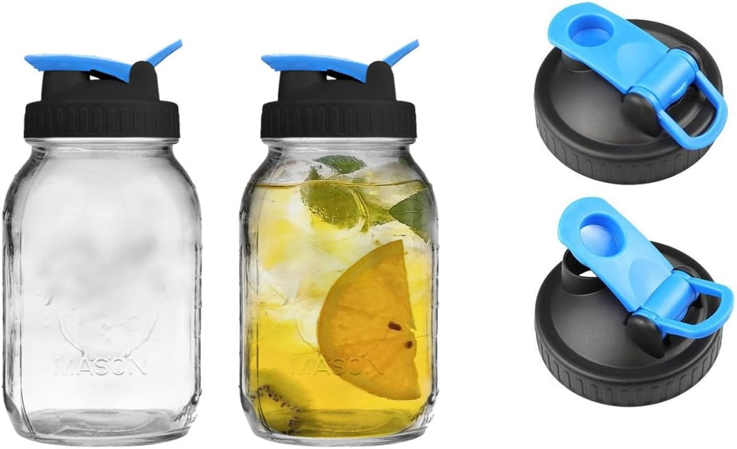 2 Pack Regular Mouth Flip Cap Mason Jar Lids for Mason Jars - Airtight Sealing, Leak-Proof Design, and Convenient Pouring Spout (Jars Sold Separately) (Blue Black)