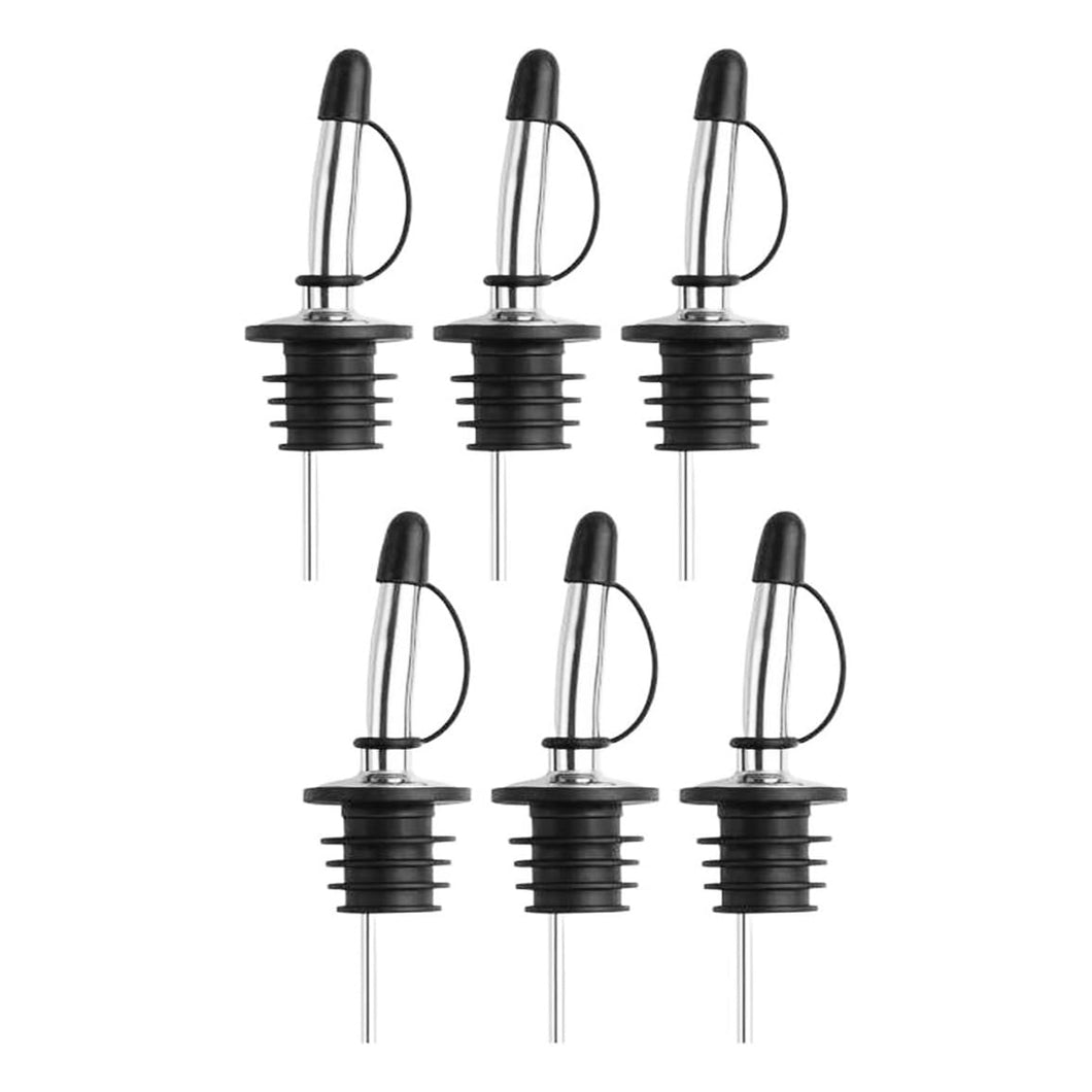 6-Pack Premium Stainless Steel Classic Tapered Spout Bottle Pourers with Rubber Dust Caps