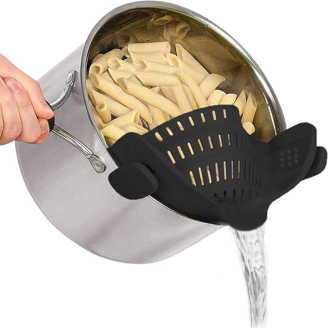 Clip on Strainer Colander - Cooking Strainer with Silicone Grip (Black)