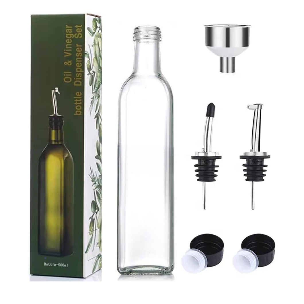 Glass Oil Dispenser - 17 oz/500ml Capacity - Oil and Vinegar Cruet Bottle with Pourers, Funnel, and Seal Caps - Elegant Decanter for Kitchen - Clear