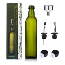 Load image into Gallery viewer, Glass Oil Dispenser - 17 oz/500ml Capacity - Oil and Vinegar Cruet Bottle with Pourers, Funnel, and Seal Caps - Elegant Decanter for Kitchen - Green
