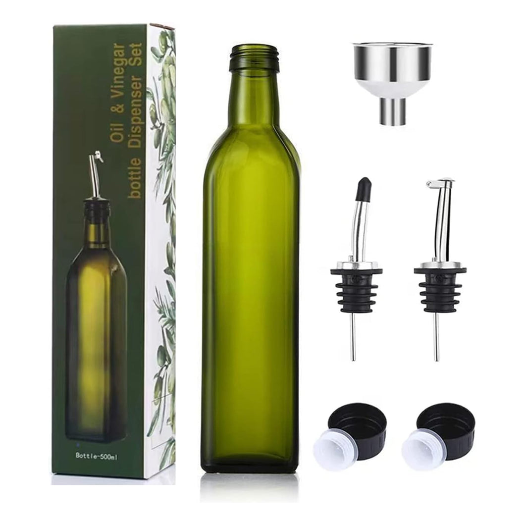 Glass Oil Dispenser - 17 oz/500ml Capacity - Oil and Vinegar Cruet Bottle with Pourers, Funnel, and Seal Caps - Elegant Decanter for Kitchen - Green
