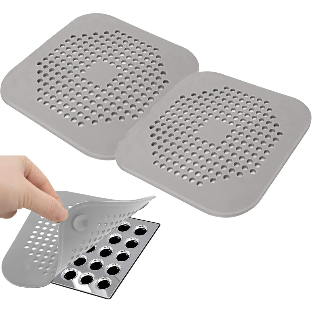 Shower Drain Hair Catcher - 5.7- inch Square Drain with Suction Cups 2 Pack (Grey)