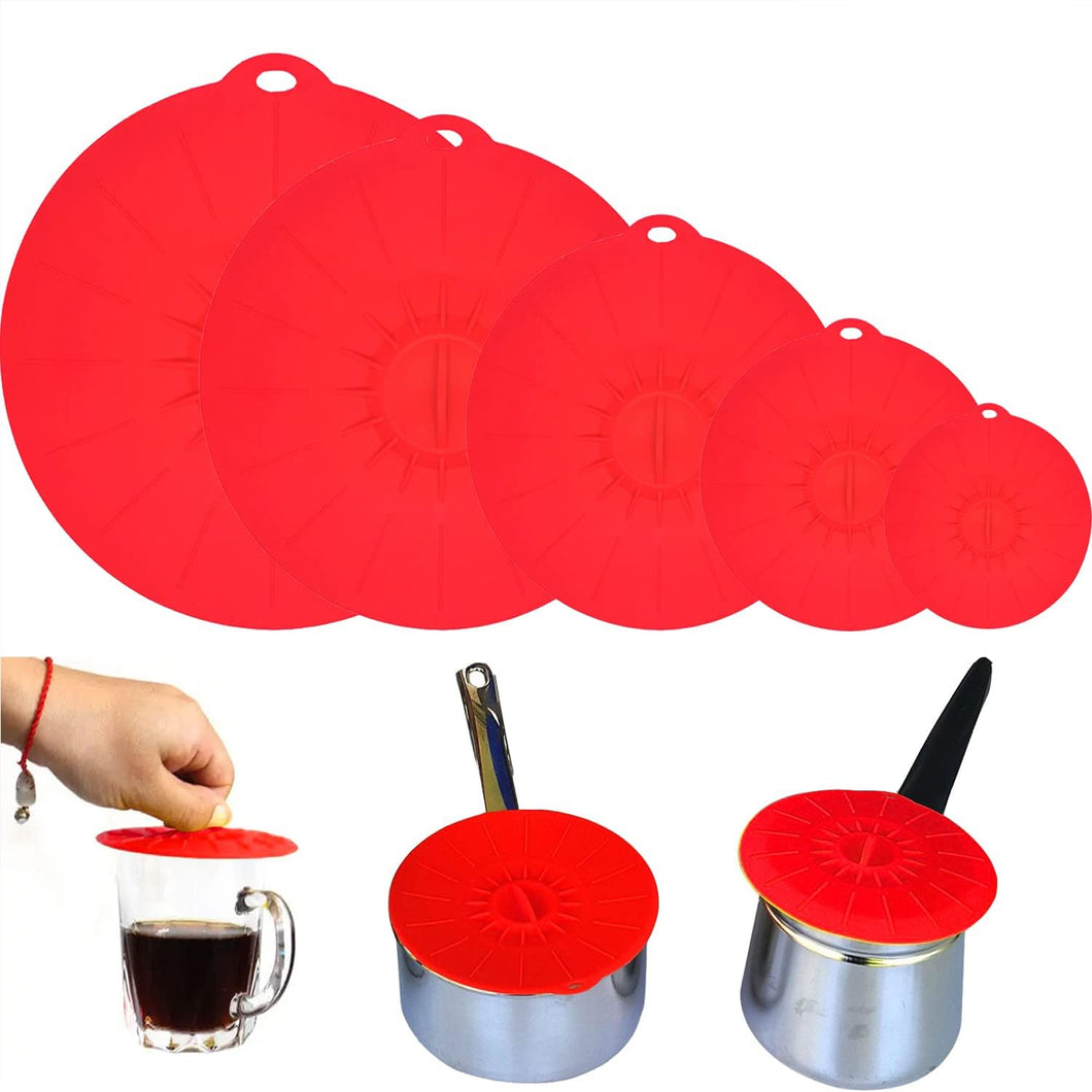 Set of 5 Silicone Lids - Includes 5 Sizes(XS, S, M, L, XL) BPA-Free (Red)