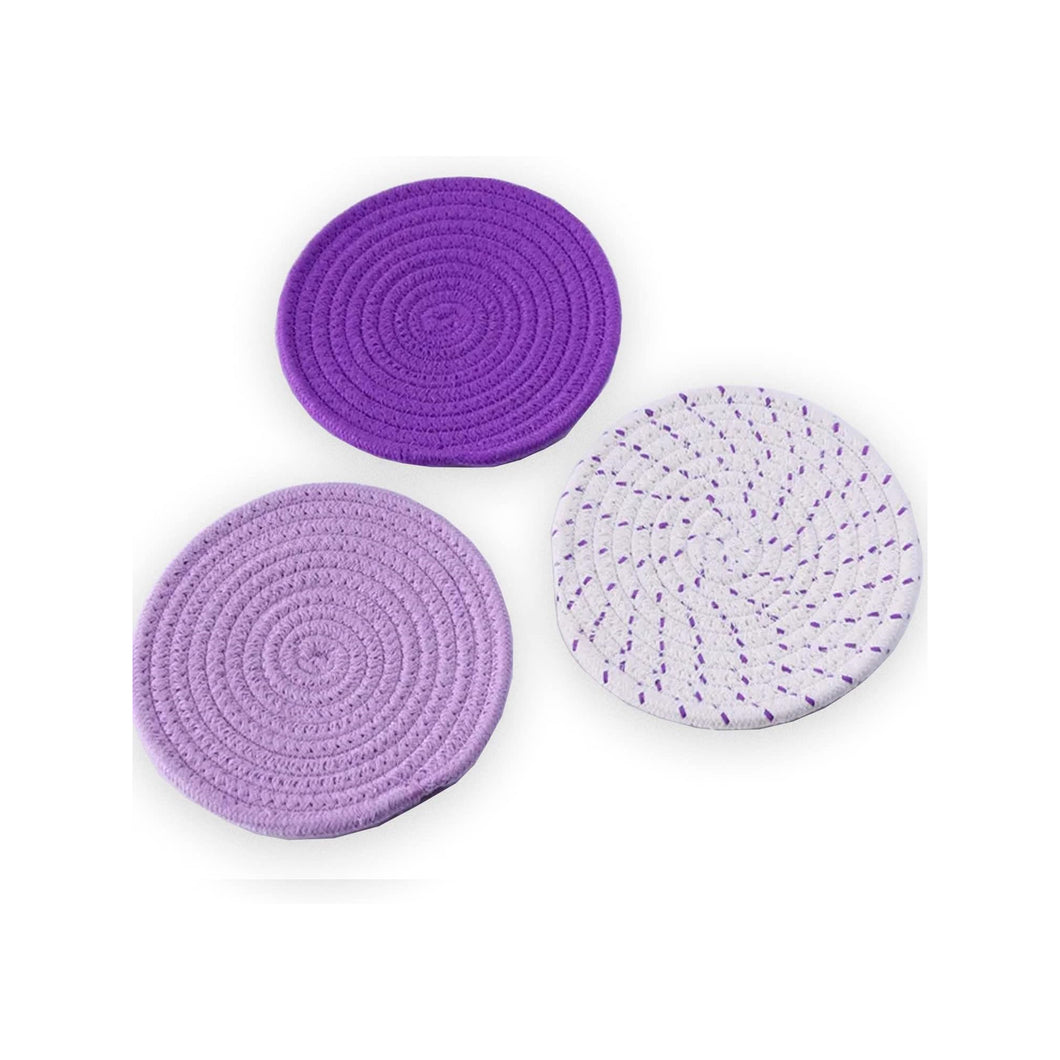 100% Cotton Thread Weave Potholders and Trivets - Stylish Coasters, Hot Pads, Hot Mats, Spoon Rest (Set of 3) - Purple