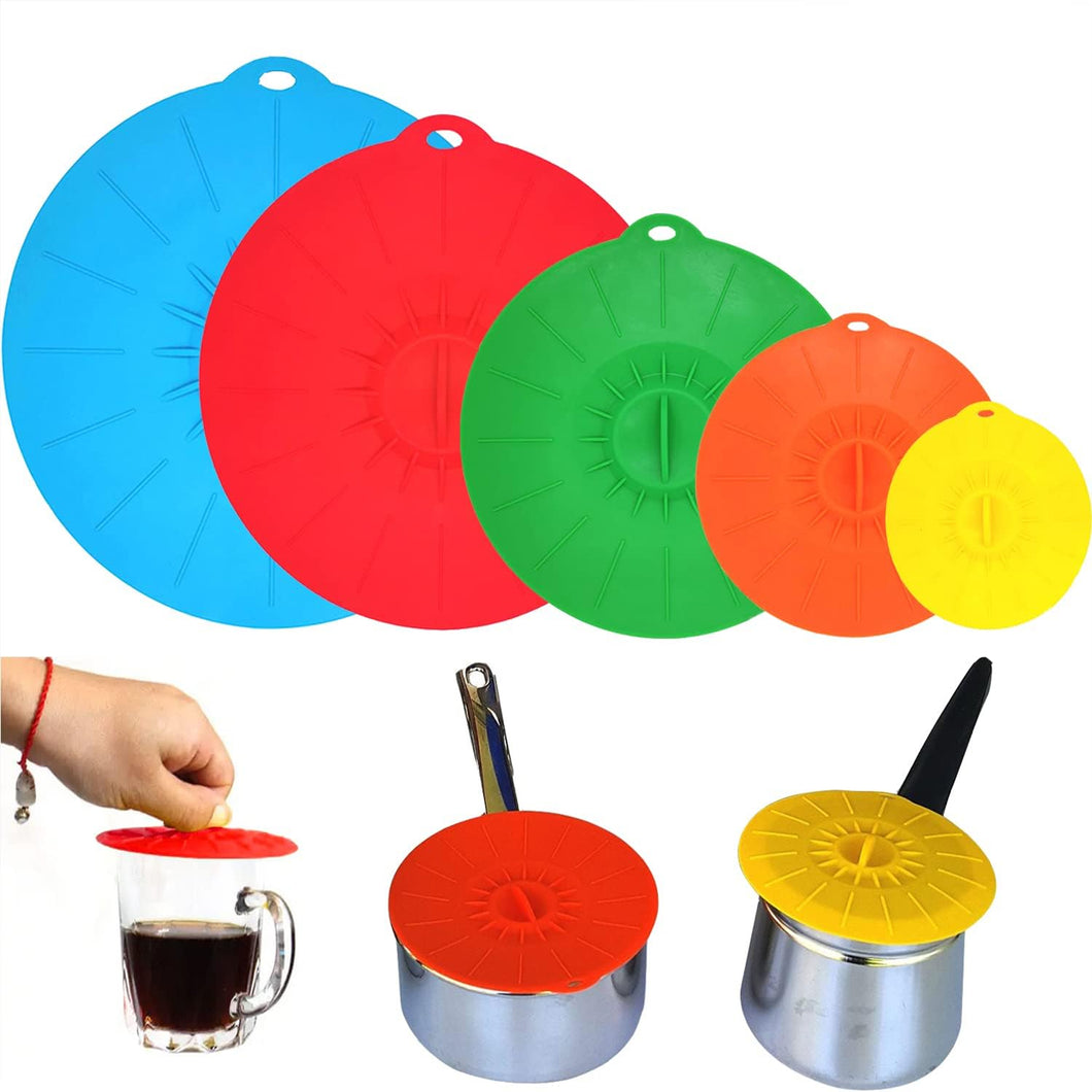 Set of 5 Silicone Lids - Includes 5 Sizes(XS, S, M, L, XL) BPA-Free (Multi-Color)