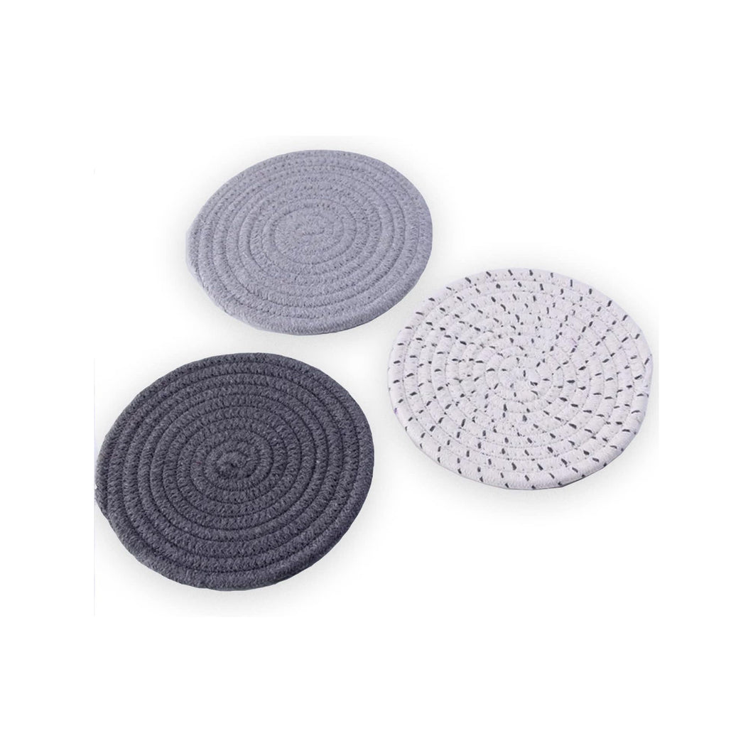 100% Cotton Thread Weave Potholders and Trivets - Stylish Coasters, Hot Pads, Hot Mats, Spoon Rest (Set of 3) - Grey