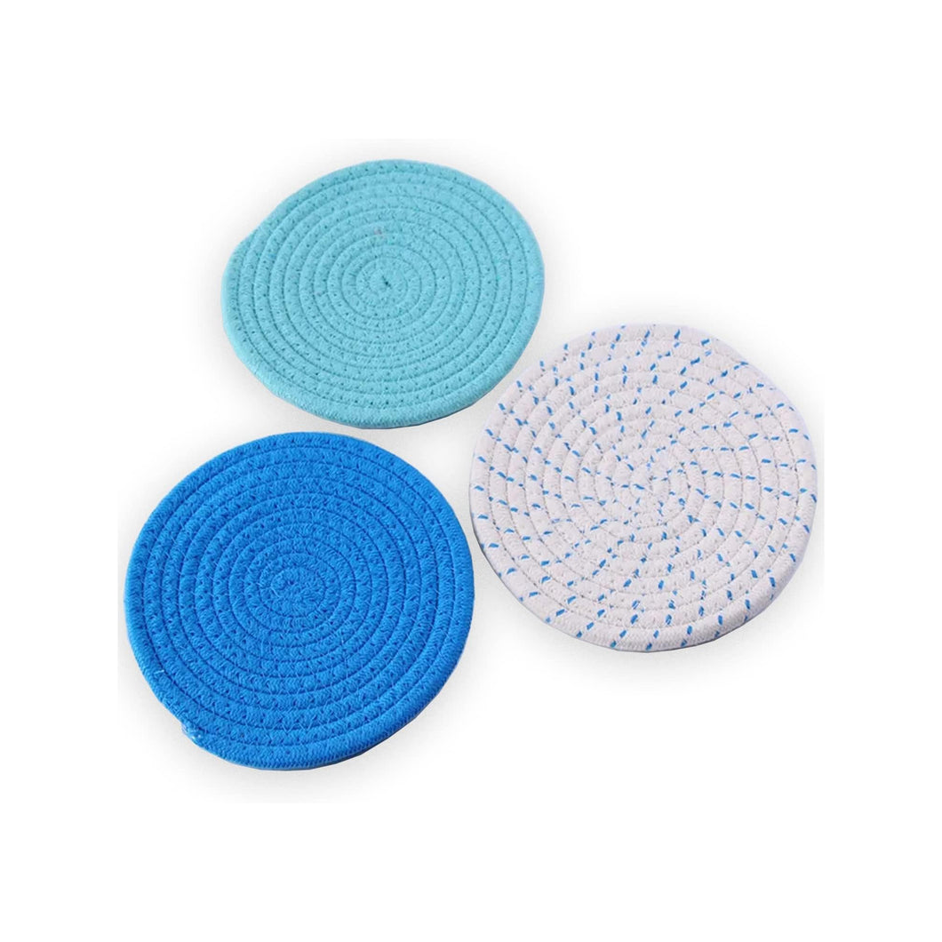 100% Cotton Thread Weave Potholders and Trivets - Stylish Coasters, Hot Pads, Hot Mats, Spoon Rest (Set of 3) - Blue