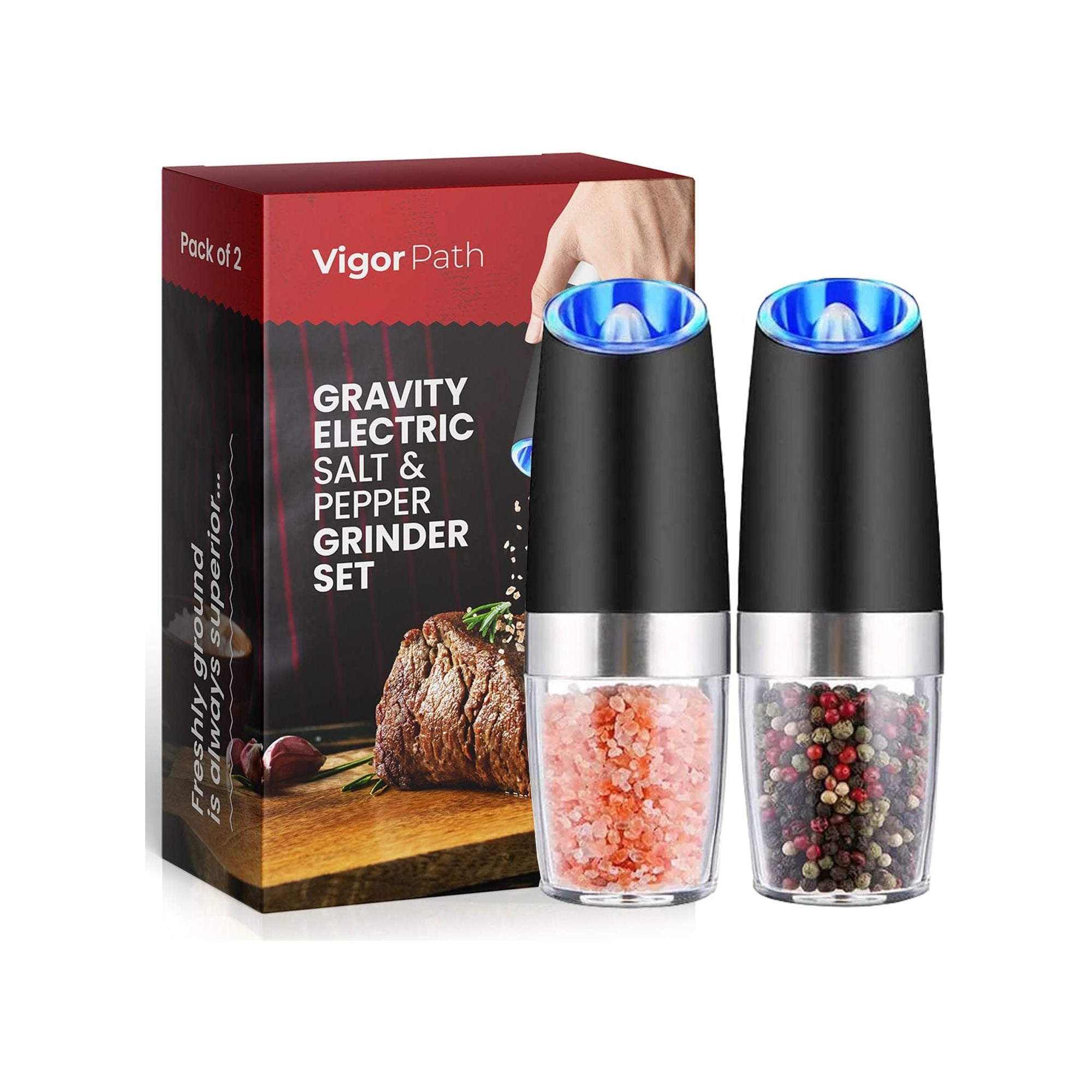 Electric Salt and Pepper Grinder Set,One-handed Automatic Operation, white  LED Light, Adjustable Coarseness,Battery Powered,Generous Capacity