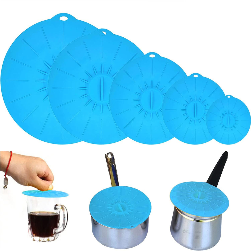 Set of 5 Silicone Lids - Includes 5 Sizes(XS, S, M, L, XL) BPA-Free (Blue)