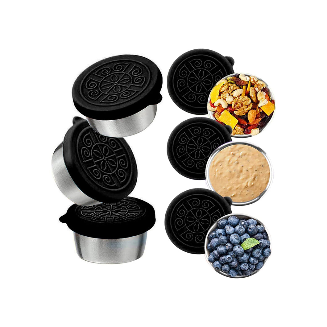 Pack of 6 Salad Dressing Container To Go: Small Condiment Containers with Lids, Reusable Stainless Steel Sauce Cups, Leakproof Silicone Lids for Bento Box, Picnic and Travel (Black - 2.36oz)