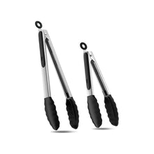 Load image into Gallery viewer, 2-Pack of 9&quot; (Small) &amp; 12&quot; (Large) Kitchen Tongs Set: Non-Stick Silicone-Stainless Steel Cooking Tongs, BPA Free, Heat Resistant (480°F) - Non-Slip Grip &amp; Locking Metal Food Tongs (Black)
