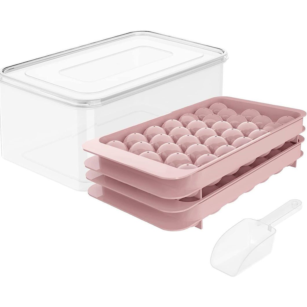 Round Ice Cube Trays for Freezer - Includes 2 Ice Trays with Storage Ice Bucket, & Scoop (Pink)